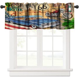 GoDazzling Old Car Kitchen Curtain Valance, Car Theme Vintage Route 66 Motorcycle Retro Window Valance, for Bedroom Living Room Cafe Bathroom 1 Panels W54xL18in