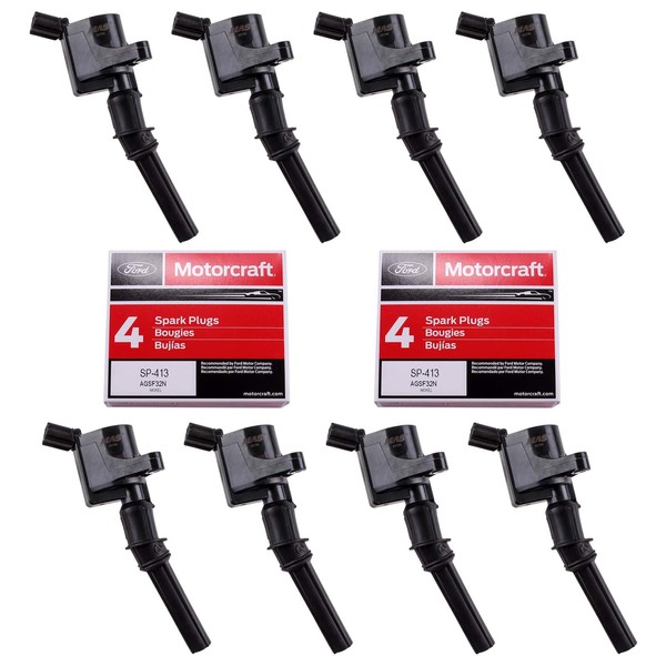 MAS Ignition Coils DG508 and Motorcraft OEM Spark Plugs SP413 Compatible with Ford F-150 Mustang V8 4.6L pack of 8