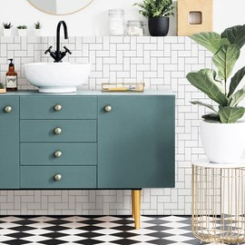 Floor Wall Tile Transfers Sticker for Home Decor, Peel & Stick Vinly Splashback, Tile Decals for Living Room Kitchen Bathroom Decor, 6x6Inch/15x15cm, 10 Pcs, Black Line Tile Sticker, Herringbon