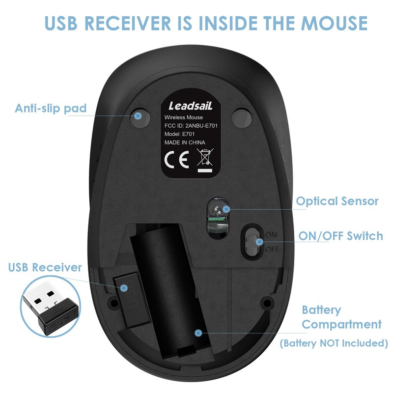 LeadsaiL Wireless Mouse for Laptop, 2.4GHz Silent USB Mouse, Slim