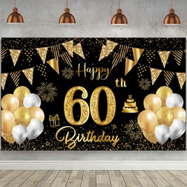 60th Birthday Decorations for Men Women Black Gold Happy Birthday Backdrop Banner Photography Background Birthday Party Supplies Gifts 180x110CM (60th-Birthday)