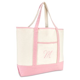 DALIX Women's Cotton Canvas Tote Bag Large Shoulder Bags Pink Monogram M