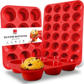 WALFOS BPA Free Silicone Muffin Pan - Cupcake Pans set of 3, Including Mini 24 Cups, Regular 12 Cups Muffin Pan & Texas Size 6 cups Muffin Pan, Pop Out Easily - Dishwasher & Microwave Safe