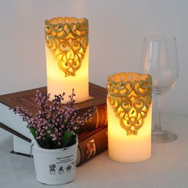 Wondise Flameless Flickering Pillar Candles Battery Operated with 5 Hour Timer, Real Wax LED Amber Yellow Light, for Christmas Home Decor, Set of 2(Gold, 3 x 6 Inches)