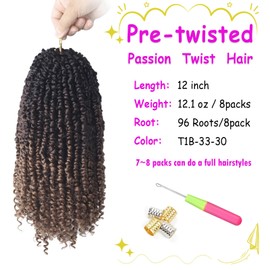 Ombre Passion Twist Hair Pre Looped 12 Inch Passion Twist Crochet Hair for Women Girls and Kids, Soft Pre Twisted Boho Crochet Twist Braids Pre Looped 8 Packs Short Passion Twist Hair Extensions