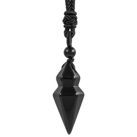 TUMBEELLUWA Black Obsidian Healing Crystal Necklace with Adjustable Rope, Faceted Cone Stone Pendant Spiritual Jewelry for Women Men