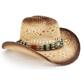 Pro Celia Straw Cowboy Hat for Women and Men, Western Cattleman Style, Wide Shapeable Brim (US, Alpha, One Size, Beige-Blue Stone)