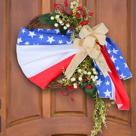 4th of July Patriotic Independence Day Wreaths, American Flag Garland Front Door Outdoor/Indoor Door Home Decor (B)
