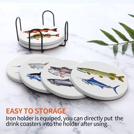 Drink Coasters, Fish Style Round Ceramic Stone Coaster with Cork Base, with Iron Holder Tabletop Protection for Mugs and Cups
