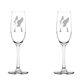 MIP Set of 2 Glass Champagne Flutes Sparkling Wine Glasses Boston Terrier Face (8 oz Stemmed)