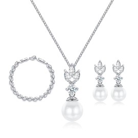 CRASLYMO Jewellery Set Silver 925 for Women Wedding Jewellery Set Pearl Earrings Necklace Bracelet Golden/Rose Gold Bridal Jewellery Set with 5A Sparkle Cubic Zirconia Gift for Bride Bridesmaid, Alloy