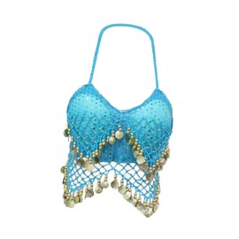 Ｓｉｍｈｏａ Sequin Crop Top Belly Dance Halter Bra Top for Festival Performance Nightclub, Blue