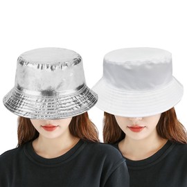 SUNTRADE Metallic Double-Side-Wear Bucket Hat, Trendy Fisherman Hats Unisex Reversible Packable Sun Cap (UK, Alpha, One Size, White-Silver)