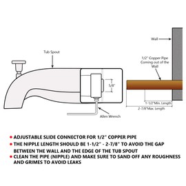 Bathtub and Shower Spout with Front Diverter for 1/2 inch Copper Pipe, Faucet with Adjustable Slide Connector for 1/2 Inch Copper Pipe Nipple, 5-1/4 inch Length, Polished Chrome