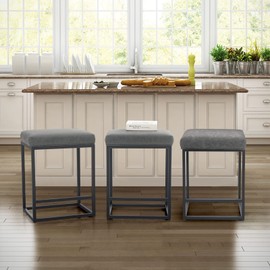 Sophia & William Gray Bar Stools Set of 3, Counter Height 24" Bar Chairs for Kitchen Island,Modern PU Leather Square Kitchen Stools with Metal Steel Frame & Footrest