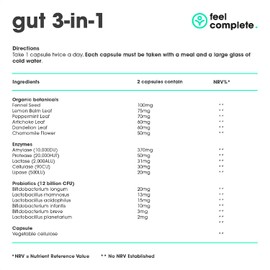 Feel Complete | Gut 3-in-1 | Premium Digestive Supplement | Probiotics & Digestive Enzymes & Prebiotics | Gut Health | Vegan | Made in The UK | 60 Capsules