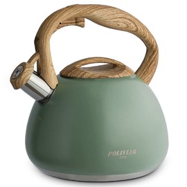 Poliviar JX2020-YB30-DE modern induction kettle, stainless steel whistling kettle, tea kettle for all hobs, whistling kettle with wood grain handle, kettle for tea and coffee, max. 3L, Flatland Green (JX2020-SB30-DE)