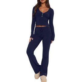 LACOZY Summer Ladies Cotton Pajamas Set Long Sleeve Sexy V Neck Pj Set Y2K 2 Piece Lounge Workout Set Tracksuit for Yoga Navy Blue Meidum
