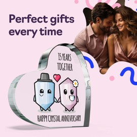 15th Anniversary Plaque Gifts for Wife Husband - Happy Crystal Anniversary - I Love You Romantic Acrylic Heart Gift For Women Men, 100mm x 100mm Present For Couples Fifteenth Wedding Anniversaries