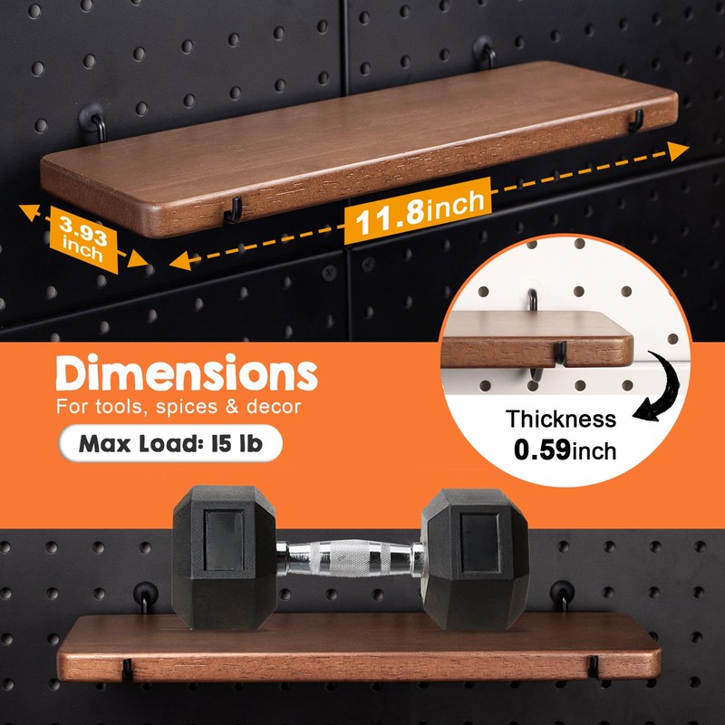 SEMPOMA 2 Pcs Walnut Finish Wooden Pegboard Shelf for 1/4"