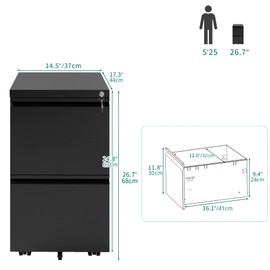 YITAHOME 2 Drawer File Cabinet with Lock, 20” Deep Office Vertical Files, Mobile Metal Filing Cabinet, Metal Vertical Filing Storage Cabinet, Rolling File Cabinets for Letters/Legal/A4 Size，Black
