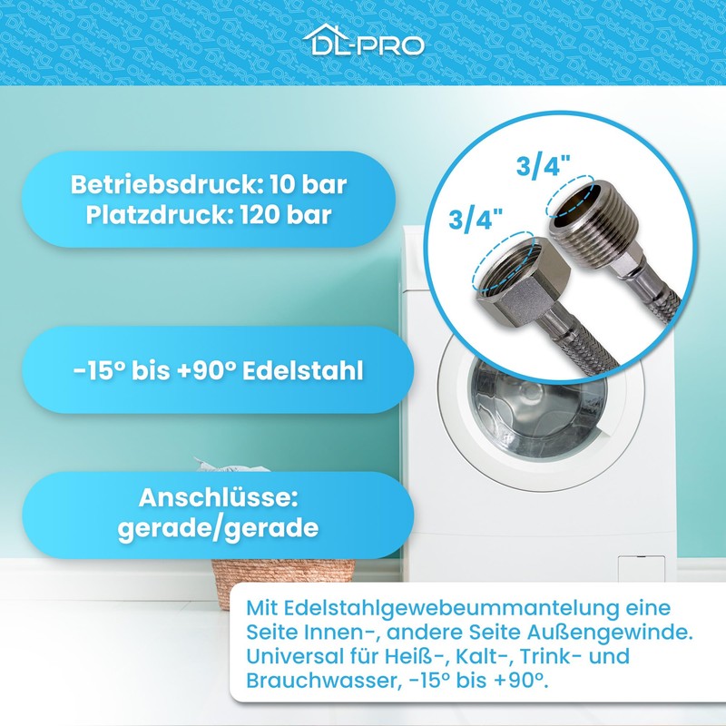 DL-pro Inlet Hose Extension 2 m 3/4 Inch Straight/Straight -15°
