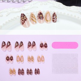 Acrylic Press on Nails Medium Almond Fake Nails with Brown Flower Designs Fall Nails Press ons Glossy Glue on Nails 3D Glod Lines False Nails Artificial Stick on Nails for Women 24Pcs