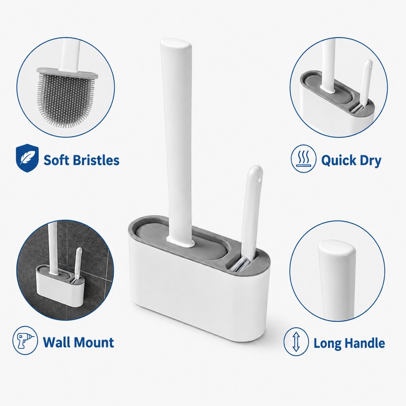 Wall-Mounted Silicone Toilet Brush Set with Holder & Detail Brush,