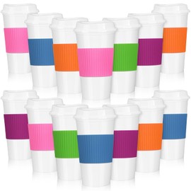 FillTouch 15 Pieces Reusable Coffee Cups with Lids and Non Slip Sleeves, 16 oz Insulated Reusable Hot Cups Bulk Travel Coffee Mugs Plastic Tumblers Cup with Lids for Hot Cold Drinks(Fresh Color)