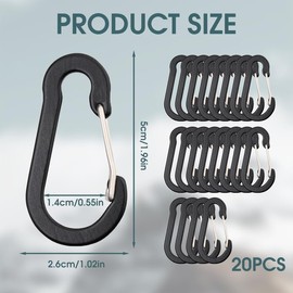 Pack of 20 Carabiner Hooks, 50 mm Carabiner Hooks Small Carabiner Key Ring Mini Carabiner Black Aluminium D-Clip Robust Small Stable Metal for Outdoor Sports Hiking Camping Fishing