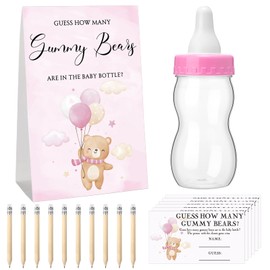 Outus Guess How Many Bears Wooden Baby Shower Games Sign Guessing Game Sign 100 Guessing Cards 10 HB Pencils 1 Cute Bottle for Baby Shower Decorations Guests Gender Reveal Party Favors (Pink)