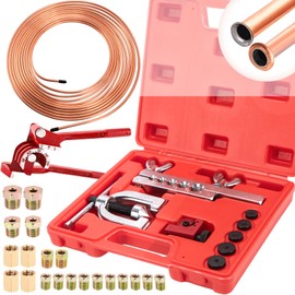 3/16" Brake Line Repair Kit - Double & Single Brake Line Flaring Tool Kit 1/4" 5/16" (with Tube Cutter & 5 Adapters) + 25Ft Copper Coated Brake Line (with 4 Unions & 16 Fittings) + Brake Line Bender