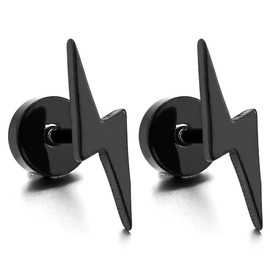 Pair Black Stainless Steel Lightning Bolt Stud Earrings for Men and Women, Screw Back