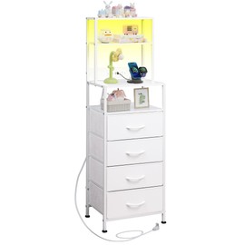 WLIVE Tall Nightstand with Charging Station, LED Night Stand with 4 Drawers and Storage Open Shelves, Fabric Dresser for Bedroom, Living Room, Office, White