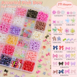 24 Grids Bow Nail Charms Kit, 3D Mix Color Bowknot Nail Art Charms Soft Hibiscus Flower Nail Charms Flatback Pink White Butterfly Accessories for Nails Design with Tweezers for Women DIY Crafts