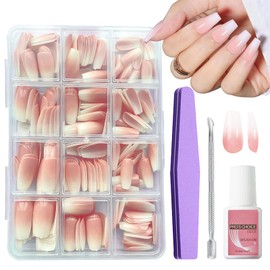 240Pcs False Nails Kit - Natural Gradient Pink Fake Nails with Glue - Acrylic Coffin Press on Nails White Pink Gradient Tips - 12 Sizes Glossy Full Cover Stick on Nails for Women