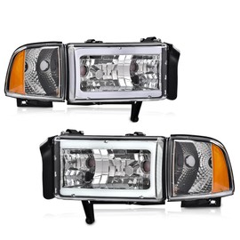 G-PLUS LED C Light Bar Headlights Assembly Fit Dodge Ram 1500 1994-2001/Fit Dodge Ram 2500 3500 1994-2002 Headlamps w/o Bulbs DRL Clear Lens Chrome Housing Clear Reflector,faros delanteros