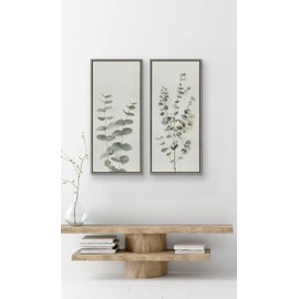 Kate and Laurel Sylvie Minimalist Eucalyptus Framed Linen Textured Canvas Wall Art by The Creative Bunch Studio, 18x40 Gray, Decorative Plant Decor
