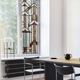 Flortlias Faux Stained Glass Effect Window Privacy Film, Original Hand Dawn Static Cling Texture Sticker Inspired by Frank Lioyd Wright, 16.93" x84.65" Hollyhock House, Boho