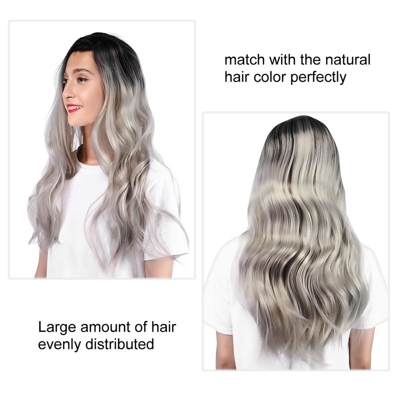 Long Curly Wavy Wigs Women Female Synthetic Hair Black Gray