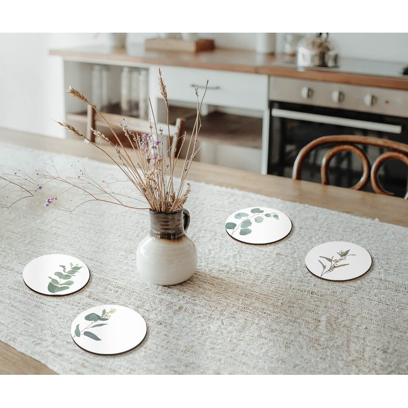 4 x Round Sage Green Coasters - Leaves Leaf Pattern