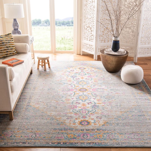 SAFAVIEH Madison Collection MAD122G Boho Chic Distressed Non-Shedding Living Room Bedroom Dining Home Office Area Rug, 6'7" x 6'7" Square, Light Grey / Fuchsia