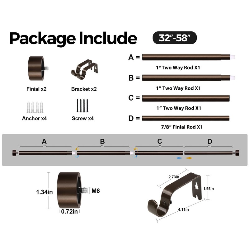 KAMANINA Bronze Curtain Rods 32 to 58 Inch (2.6-4.8 Feet),