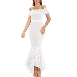 LALAGEN Women's Floral Lace Long Sleeve Off Shoulder Wedding Mermaid Dress Short Sleeve White XL