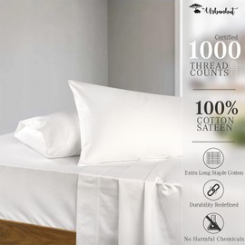 URBANHUT 1000 Thread Count Egyptian Cotton Sheets Twin Size, Long Staple Soft & Breathable, 3 Pc Bed Sheet Sets, Luxury Hotel Sateen Sheets Fits 16" Deep Pocket - White