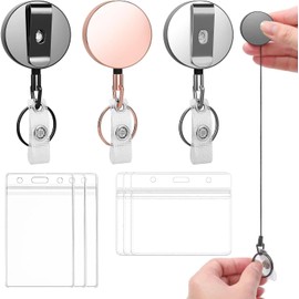 3 Pzs Llavero Retráctil de Metal Electrochapado con 3 Pzs Estilo Transparente para Tarjetas, Porta Gafete con Yoyo Retráctil, 21'' Cable de Tracción de Acero, para Identificación, Crédito, Proximidad.
