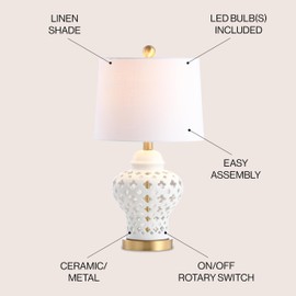 JONATHAN Y JYL6210A Quatrefoil Fretwork 20.5" Pierced Ginger Jar Ceramic/Metal LED Table Lamp Glam Bedside Desk Nightstand Bedroom Living Room Office College Bookcase LED Bulb Included, White