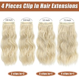 QAUARUMSUN Clip in Hair Extensions 24 Inch 4pcs Long Wavy Synthetic Hair Extensions Double Weft Hairpieces for Women (Blonde)