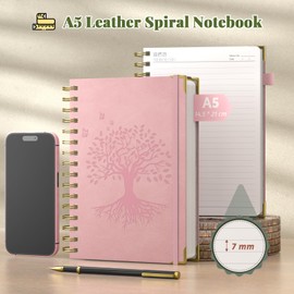 Smarpau Notebook A5, 240Pages Wirebound Spiral Notebooks, 100gsm Thick Paper, PU Leather Journals for Women Men Note Taking School Office - 14.5 x 21cm, Pink