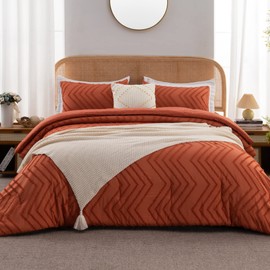 Litanika Comforter King Size Set, Burnt Orange Boho Summer Lightweight Bedding Comforters & Sets for King Bed, 3 Pieces Chevron Tufted Bedding Set & Collections